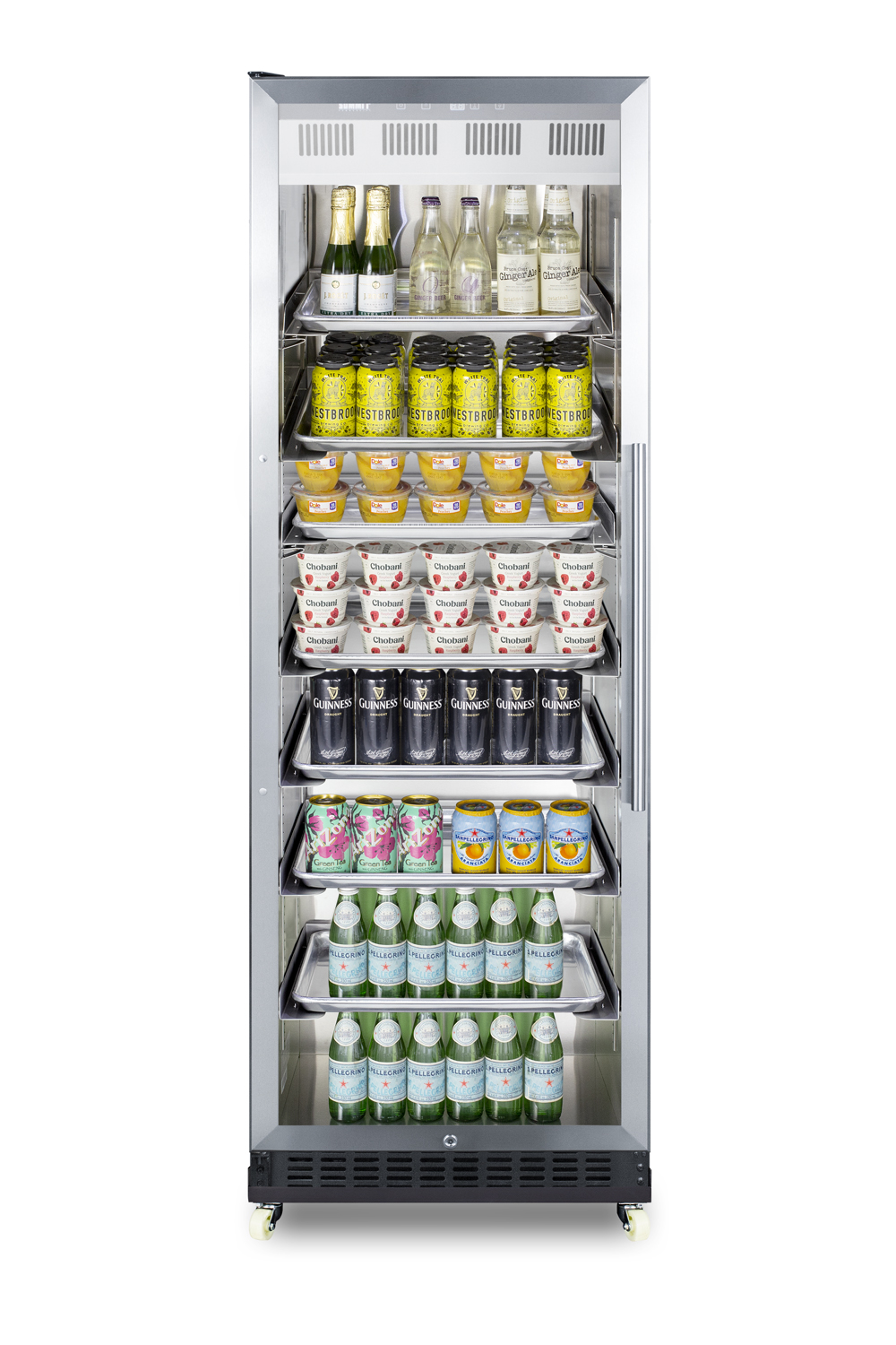 Full-size commercial beverage merchandiser designed for the display and refrigeration of beverages and sealed food, with stainless steel interior, self-closing glass door with a left hand swing, sheet pans and adjustable tray supports, chrome shelves, black cabinet, and removable dolly.
